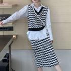 Set: Plain Shirt + Patterned Knit Vest + Midi Straight-fit Skirt