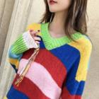 V-neck Striped Sweater As Shown In Figure - One Size