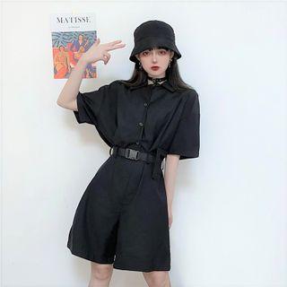 Set: Elbow-sleeve Wide Leg Shirt Romper + Belt