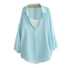 Set: Long-sleeve V-neck Blouse + Camisole