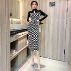 Long-sleeve Cutout Checkered Midi Sheath Dress