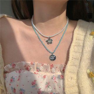 Faux Pearl Necklace / Disc Pendant Necklace
