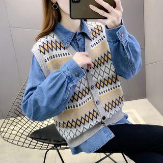 Set: Denim Shirt + Button-up Sweater Vest