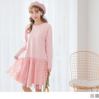 Lace Panel Long Sleeve Shift Dress