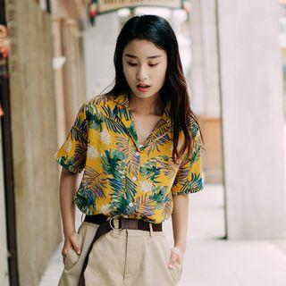 Short-sleeve Leaf Print Shirt Yellow - One Size