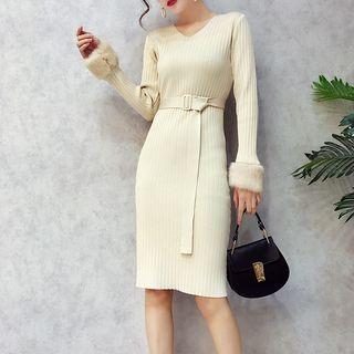 Furry Cuff V-neck Knit Dress With Belt