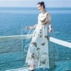 3/4-sleeve Butterfly Embroidered Maxi Dress