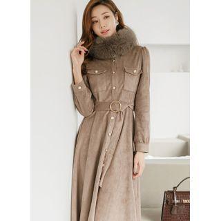 Belted Flared Faux-suede Long Shirtdress