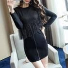 Long-sleeve Dotted Panel Mini Bodycon Dress