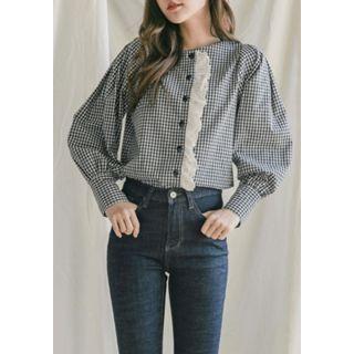 Collarless Lace-trim Gingham Blouse