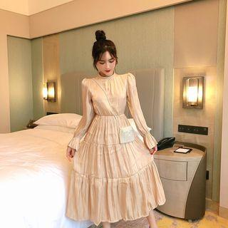 Long-sleeve Crinkled A-line Midi Dress