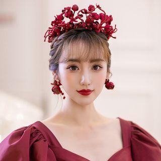 Set: Flower Fabric Wedding Headband + Dangle Earring Wedding Headband & Dangle Earring - White - One Size