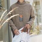 Deer Embroidered Mock Neck Sweater