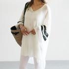 Striped Long Knit Pullover White - One Size