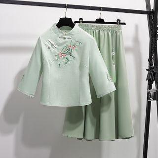 3/4-sleeve Embroidered Qipao Top / Midi A-line Skirt