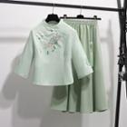 3/4-sleeve Embroidered Qipao Top / Midi A-line Skirt