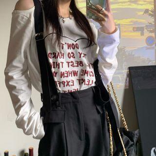 Long-sleeve Cold Shoulder Lettering Print T-shirt / Wide Leg Suspender Pants