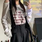 Long-sleeve Cold Shoulder Lettering Print T-shirt / Wide Leg Suspender Pants