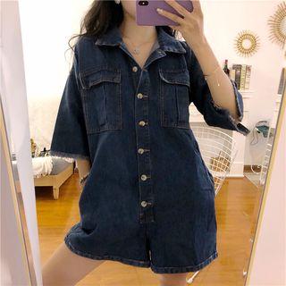 3/4-sleeve Frayed Hem Wide-leg Buttoned Denim Playsuit