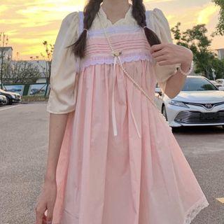 Puff-sleeve Blouse / Spaghetti Strap Lace Trim Mini A-line Dress