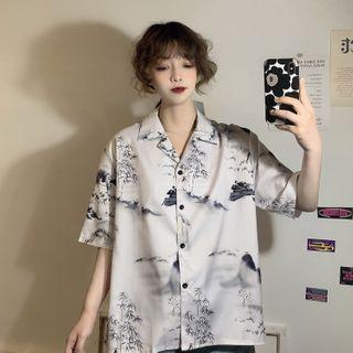 Printed Short-sleeve Chiffon Shirt Short Sleeve - White - One Size