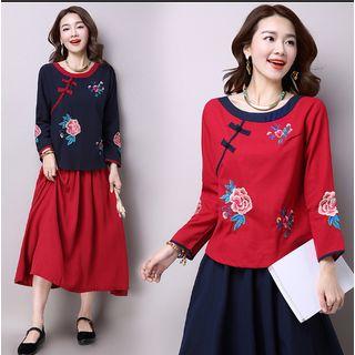 Flower Embroidered Long Sleeve Cheongsam Top