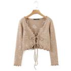 Flower Embroidered Lace Up Cardigan