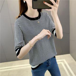 Elbow-sleeve Patterned Knit Top Black & White - One Size