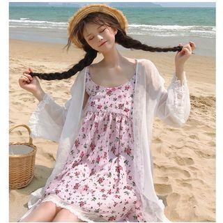 Floral Spaghetti Strap Dress / Open Front Jakcet