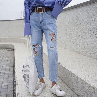 Embroidered Ripped Slim Fit Jeans