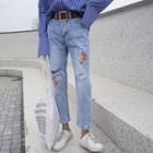 Embroidered Ripped Slim Fit Jeans
