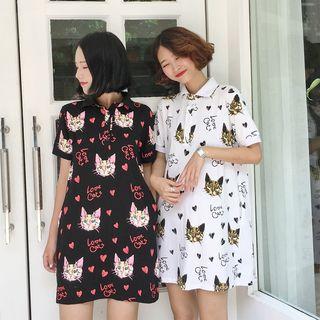 Cat Print Short Sleeve Polo Shirt Dress