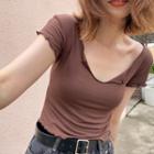 Short-sleeve Lettuce Edge Knit Top Coffee - One Size