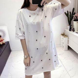 Beaded Elbow-sleeve T-shirt Dress