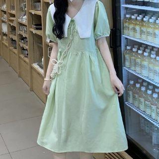 Short-sleeve Collar Plaid Midi A-line Dress Plaid - Green - One Size