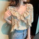 Puff-sleeve V-neck Floral Ruffle Trim Blouse