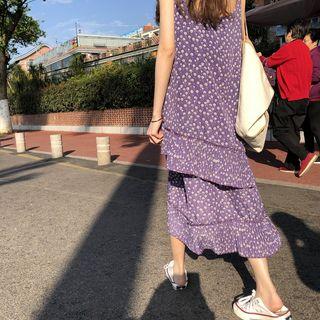 Spaghetti Strap Asymmetric Floral Chiffon Midi Dress