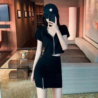 Set: Short-sleeve Zip-up Crop Top + Mini Pencil Skirt