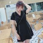 Set: Short-sleeve Zipper A-line Dress +wide-leg Shorts