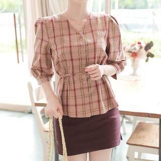 V-neck Tie-waist Plaid Blouse