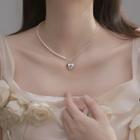 Asymmetric 925 Sterling Silver Heart Pendant Faux Pearl Necklace Love Heart - One Size