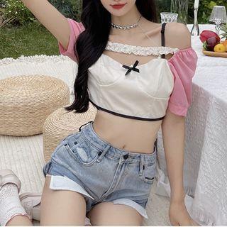 Cold-shoulder Two-tone Cropped Blouse