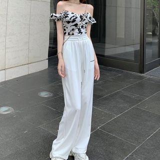 Off-shoulder Cow Print Crop Top / Wide-leg Pants