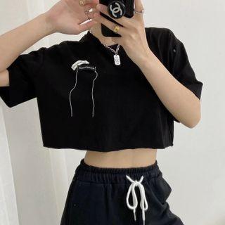 Printed Short-sleeve Loose-fit Crop T-shirt