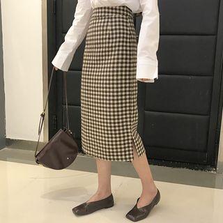 Straight Cut Slid-side Gingham Midi Skirt