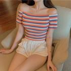 Short-sleeve Striped T-shirt Stripes - Blue & Pink & Orange - One Size