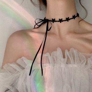 Buttoned Lace Choker Bow - One Size