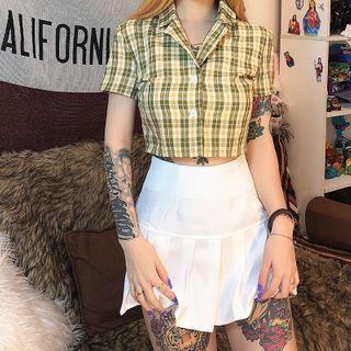 Plaid Short-sleeve Crop Blouse