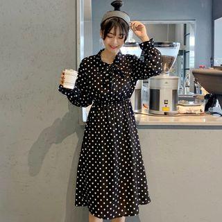 Collar Bow Long-sleeve Dot A-line Dress