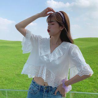 Lace Trim Short-sleeve Crop Top White - One Size